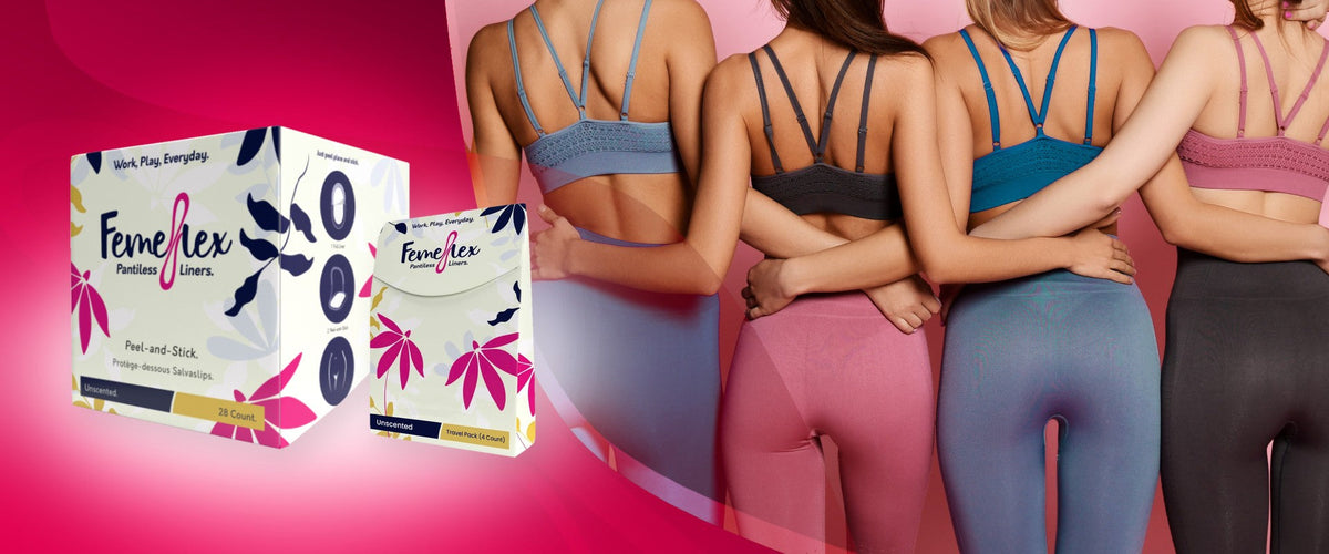 FemeFlex box of 28 and travel pack beside women in leggings